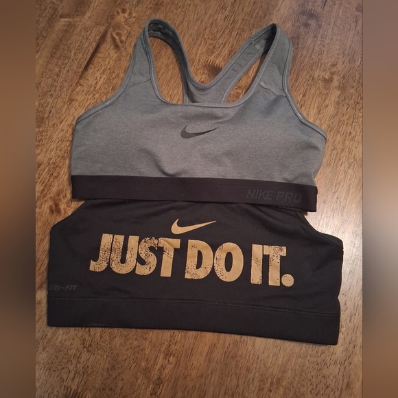 Nike Gray and Black 'Just Do It' Sports Bra's  Dri Fit Nike Pro Set S - Picture 1 of 9